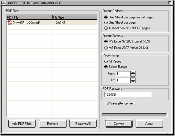 interface of PDF to Excel Converter