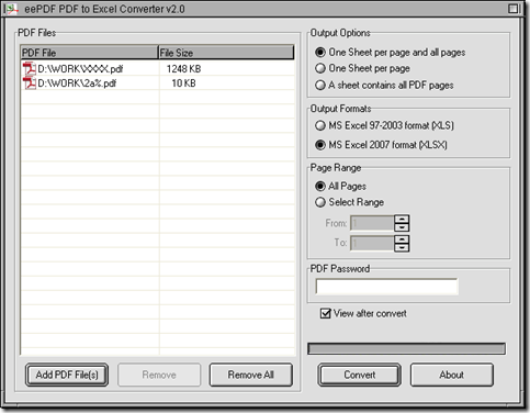 interface of PDF to Excel Converter