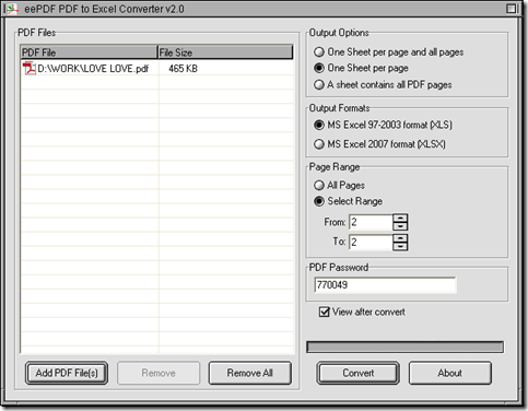 interface of PDF to Excel Converter