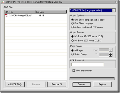 interface of EEPDF PDF to Excel OCR Converter