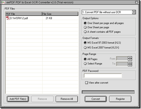 interface of EEPDF PDF to Excel OCR Converter for normal PDF to Excel