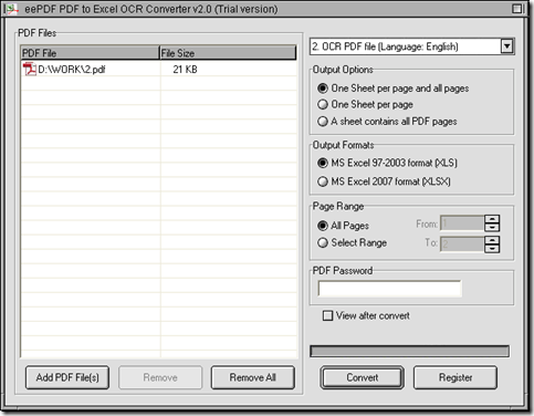 interface of EEPDF PDF to Excel OCR Converter for scanned PDF to Excel