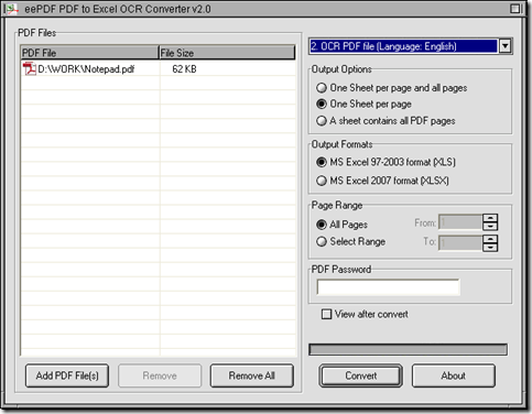 interface of EEPDF PDF to Excel OCR Converter for scanned PDF to XLS