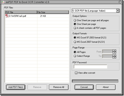 interface of EEPDF PDF to Excel OCR Converter