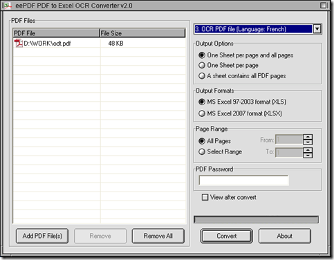 interface of EEPDF PDF to Excel OCR Converter