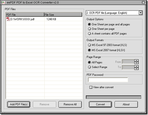 interface of EEPDF PDF to Excel OCR Converter