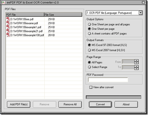 interface of EEPDF PDF to Exce OCR Converter for scanned PDF to editable XLS in batches