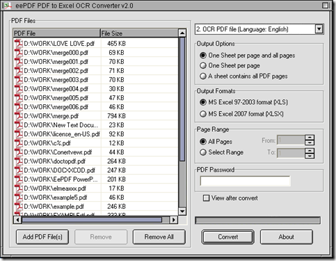 interface of EEPDF PDF to Excel OCR Converter for process to extract text from image PDF to XLS in batches