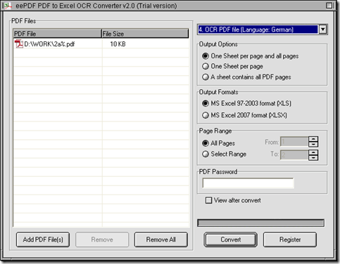 interface of EEPDF PDF to Excel OCR Converter