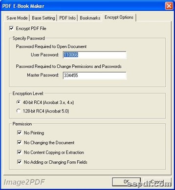 Panel of setting properties under tab Encrypt Options