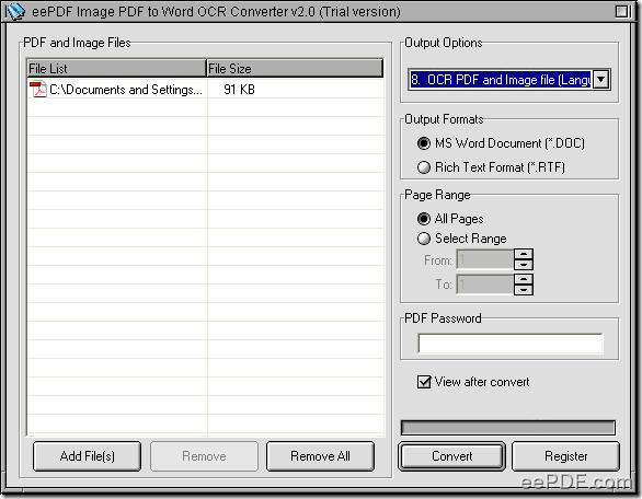 set parameters to convert image PDF to Word