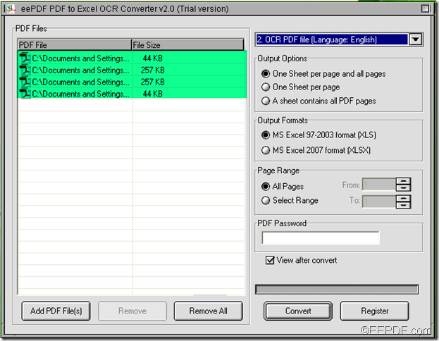 batch convert PDF to Excel using EEPDF PDF to Excel OCR Converter