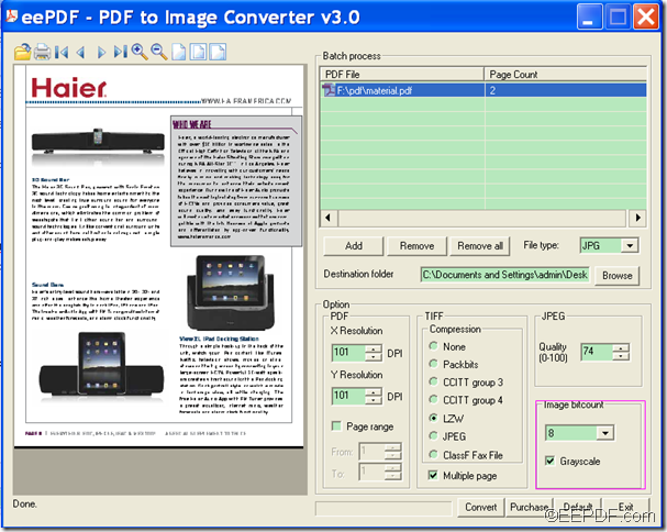 convert PDF to image and set color depth using EEPDF PDF to Image Converter